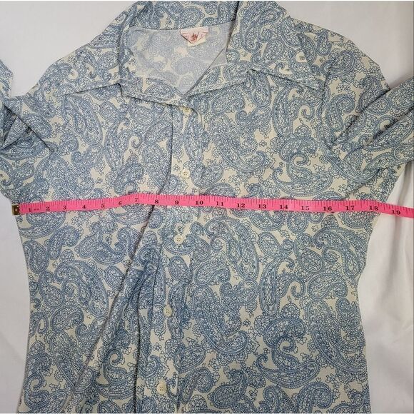 VINTAGE 70s blue paisley pointed‎ disco collar button up shirt M - Picture 7 of 8